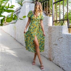 L*Space Floral Talia V Neck Wrap Midi Summer Dress in Daisy Diamond